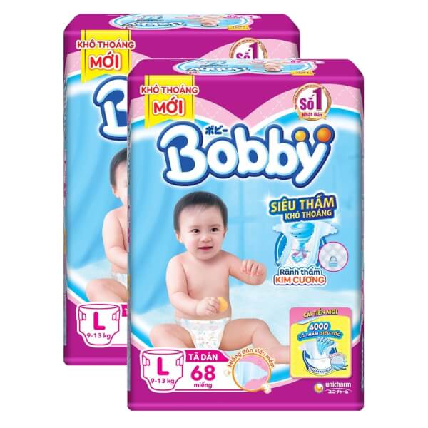 ta-dan-bobby-jumbo-sieu-mong-l-9-13kg-68-mieng-1 Combo 2 gói Bỉm tã dán Bobby siêu thấm size L, 68 miếng (9-13kg)